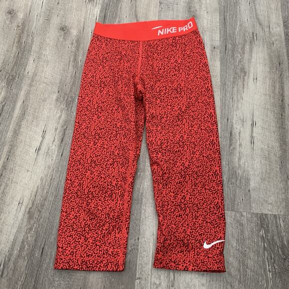 NIKE PRO Cropped Leggings Womens Sz Medium Red Print Athletic Running Gym - Picture 1 of 7